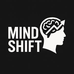 May include: A black and white graphic with the words "MIND SHIFT" in bold, sans-serif font. A white silhouette of a head with a brain and an upward-pointing arrow is on the right side of the text. The background is solid black.