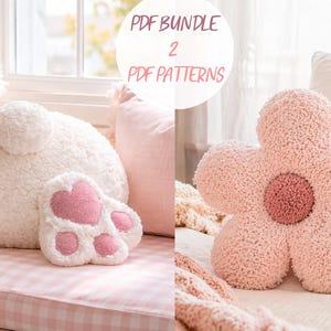 Può includere: Una collezione di cuscini in peluche in un ambiente accogliente. Include un grande cuscino bianco a forma di coniglio, due cuscini a forma di zampa con cuori rosa e un cuscino rosa a forma di fiore.