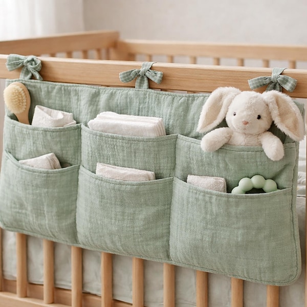 Pode incluir: Um organizador de berço em tecido verde sálvia com três bolsos pendurado num berço de madeira. O organizador apresenta um coelho de peluche de cor clara, uma escova de madeira e panos brancos dobrados nos bolsos, presos por laços.