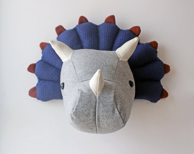 Triceratops head, wall decor, faux taxidermy trophy, baby gift, child Kids room deco, nursery, stuffed wall mount, Dinosaur gray & blue