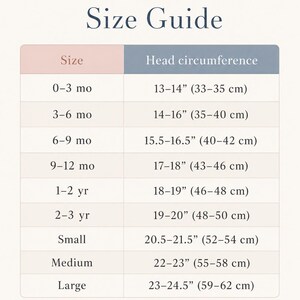 May include: A Cheri Demeter size guide chart displaying head circumference measurements in inches and centimeters for sizes ranging from 0-3 months to large. The table lists age-based sizes alongside corresponding head measurements in inches.