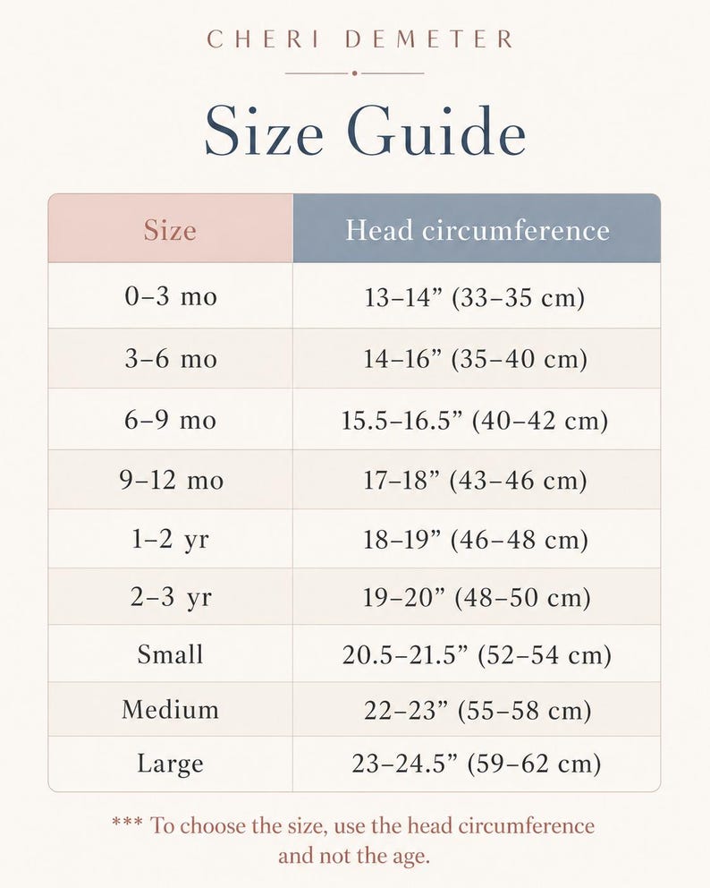 May include: A Cheri Demeter size guide chart displaying head circumference measurements in inches and centimeters for sizes ranging from 0-3 months to large. The table lists age-based sizes alongside corresponding head measurements in inches.