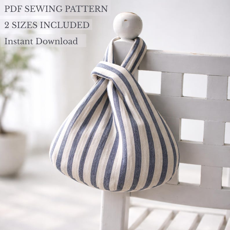 May include: A fabric bag with a blue and white vertical striped pattern, featuring a knotted handle design. The text PDF SEWING PATTERN, 2 SIZES INCLUDED, and Instant Download is visible in the upper left corner of the image.