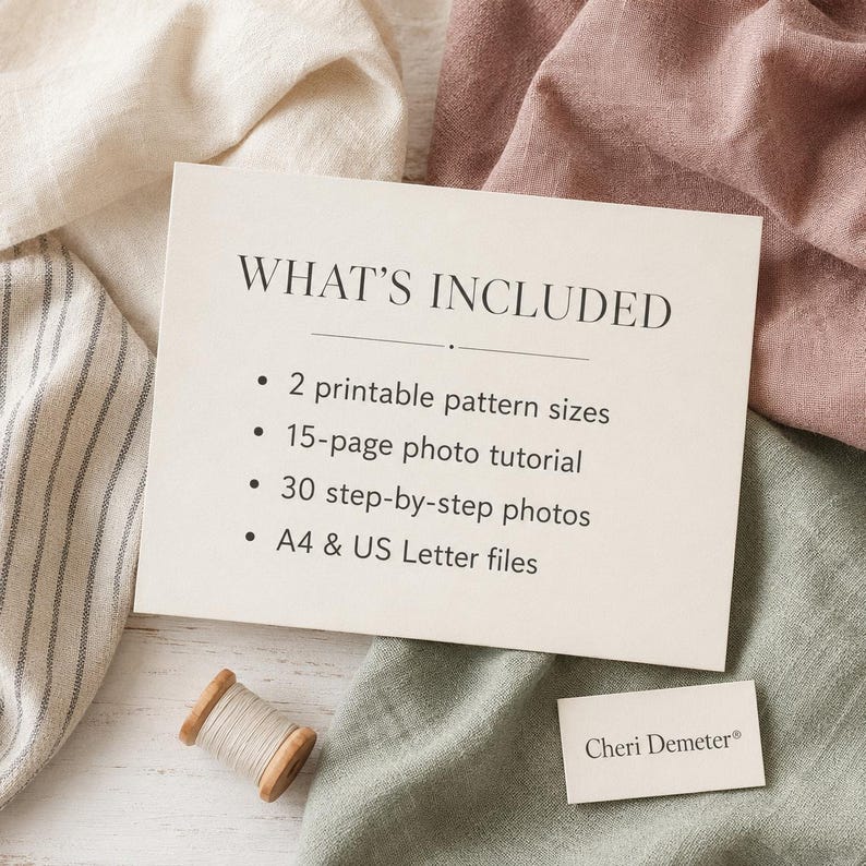 May include: A white rectangular card with black text reading WHAT'S INCLUDED, 2 printable pattern sizes, 15-page photo tutorial, 30 step-by-step photos, and A4 & US Letter files. A small business card reads Cheri Demeter, next to a wooden spool of thread.