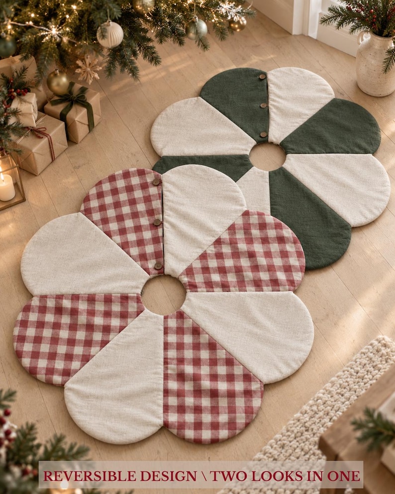 K&ouml;nnte beinhalten: Ein blumenf&ouml;rmiger Baumrock mit wendbarem Design f&uuml;r zwei Looks in einem. Eine Seite zeigt abwechselnd einfarbige dunkelgr&uuml;ne und cremefarbene Bl&uuml;tenbl&auml;tter, w&auml;hrend die andere Seite abwechselnd rot-wei&szlig; karierte und cremefarbene Bl&uuml;tenbl&auml;tter aufweist.
