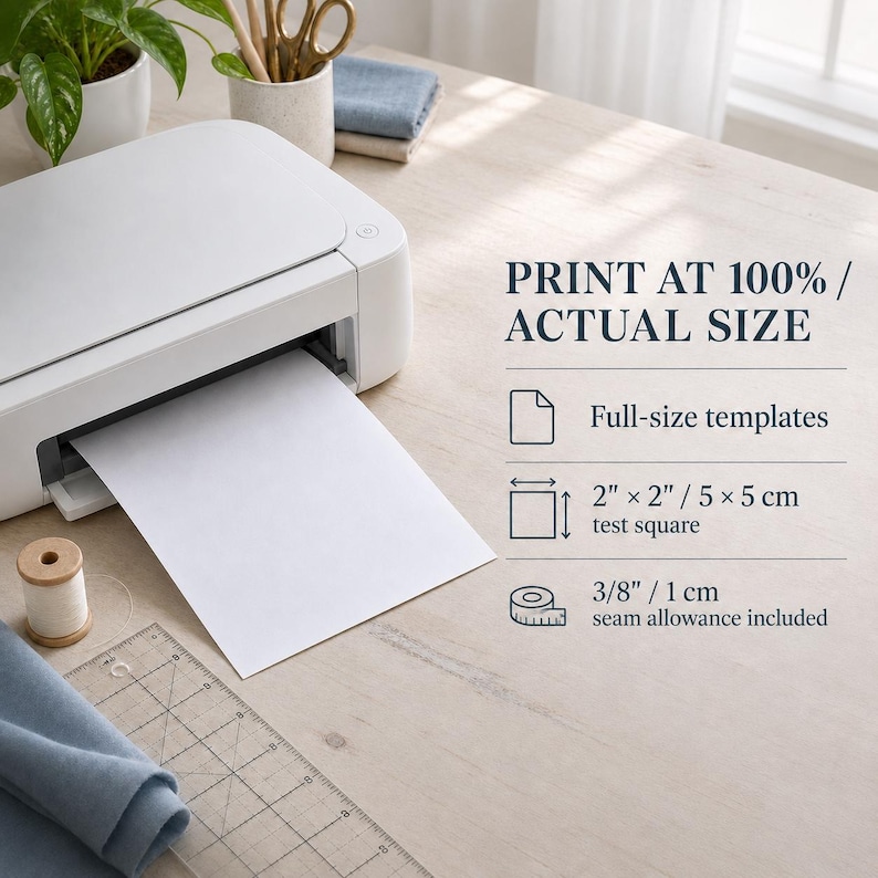 May include: A white printer with a sheet of paper, featuring text: PRINT AT 100% / ACTUAL SIZE, Full-size templates, 2" x 2" test square, and 3/8" seam allowance included. A wooden spool of thread and a clear plastic ruler are visible.