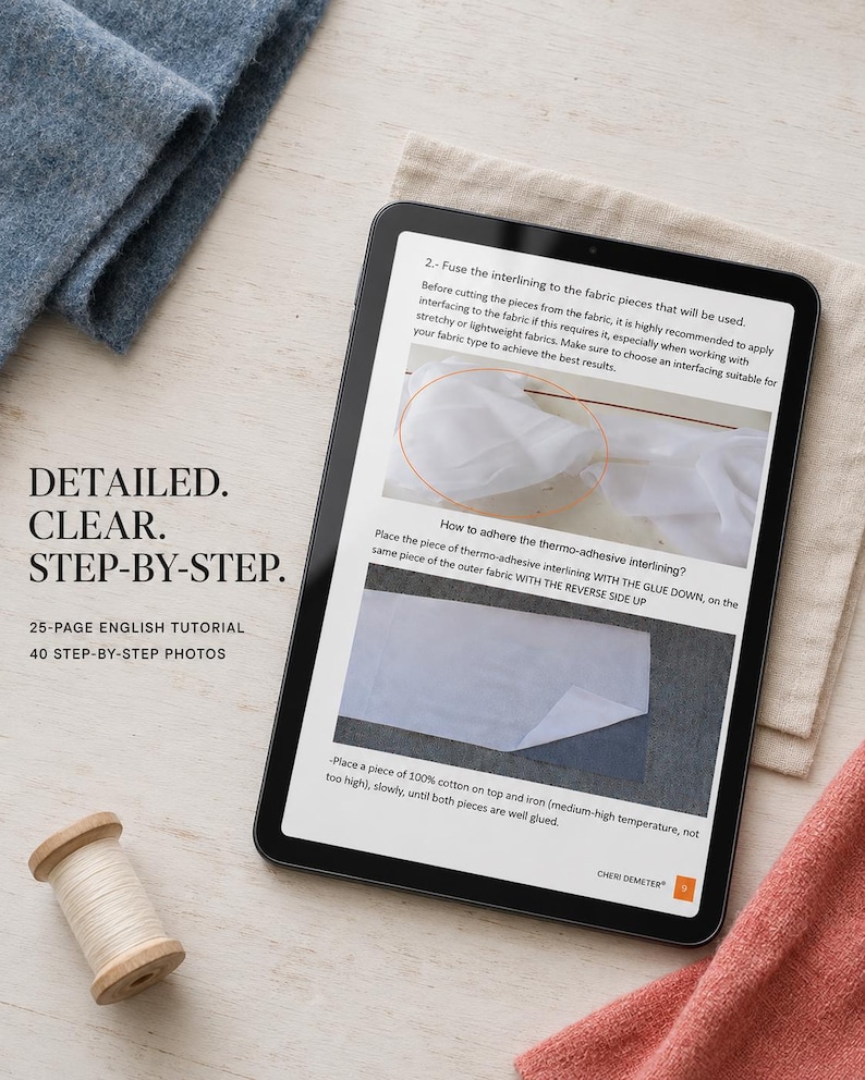 May include: A digital tablet displaying a 25-page English sewing tutorial with 40 step-by-step photos. The screen shows instructions for fusing interlining to fabric, including text and two images. A wooden spool of white thread sits nearby.