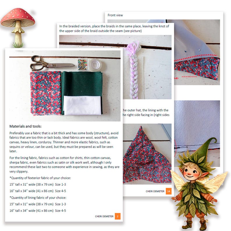 Op de afbeelding: Een naaitutorial met stof, schaar en fournituren. De tutorial bevat instructies en diagrammen voor een gevlochten project. Een grillige fee&euml;nillustratie en een paddenstoel zijn ook aanwezig.