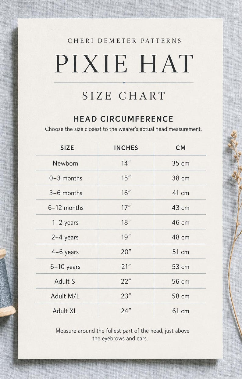 May include: A white informational size chart for a Pixie Hat by Cheri Demeter Patterns. The chart lists head circumference measurements in inches and centimeters for sizes ranging from newborn to adult XL, with instructions to measure above the eyebrows.