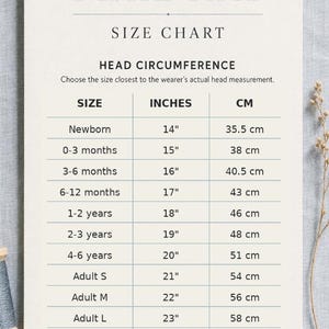 May include: A white informational size chart for a Pixie Hat by Cheri Demeter Patterns. The chart lists head circumference measurements in inches and centimeters for sizes ranging from newborn to adult XL, with instructions to measure above the eyebrows.