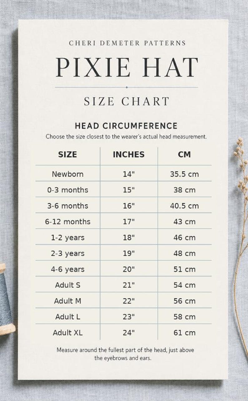 May include: A white informational size chart for a Pixie Hat by Cheri Demeter Patterns. The chart lists head circumference measurements in inches and centimeters for sizes ranging from newborn to adult XL, with instructions to measure above the eyebrows.