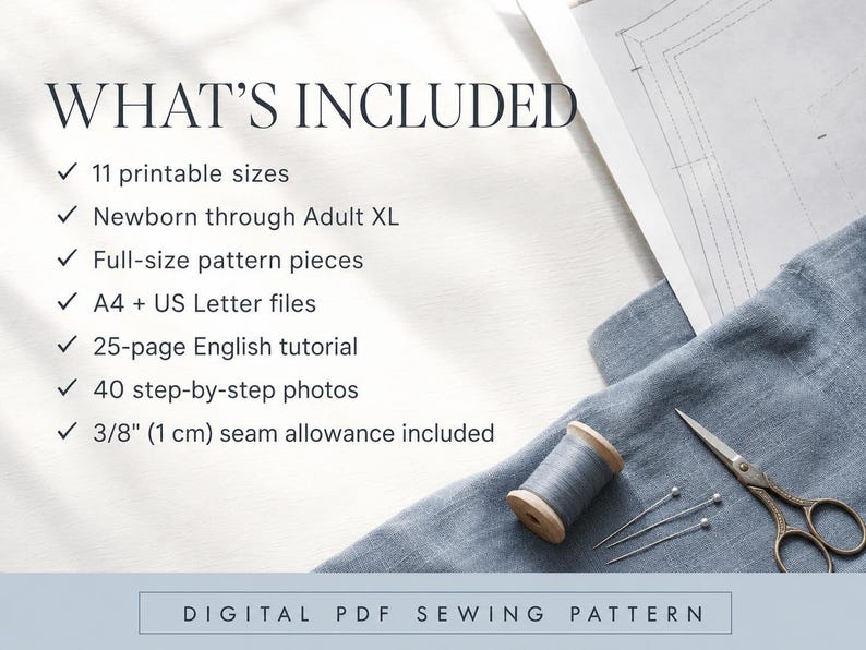 May include: A digital PDF sewing pattern listing featuring the text WHAT'S INCLUDED with 11 printable sizes from newborn to adult XL, full-size pattern pieces, A4 and US Letter files, a 25-page English tutorial, 40 photos, and a 3/8 inch seam allowance.