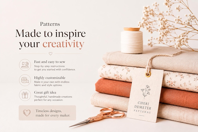 May include: A stack of folded fabric in beige, floral, and terracotta colors, topped with a spool of white thread and a tag labeled Cheri Demeter Patterns. Beside the fabric are copper-colored scissors and text about sewing patterns.