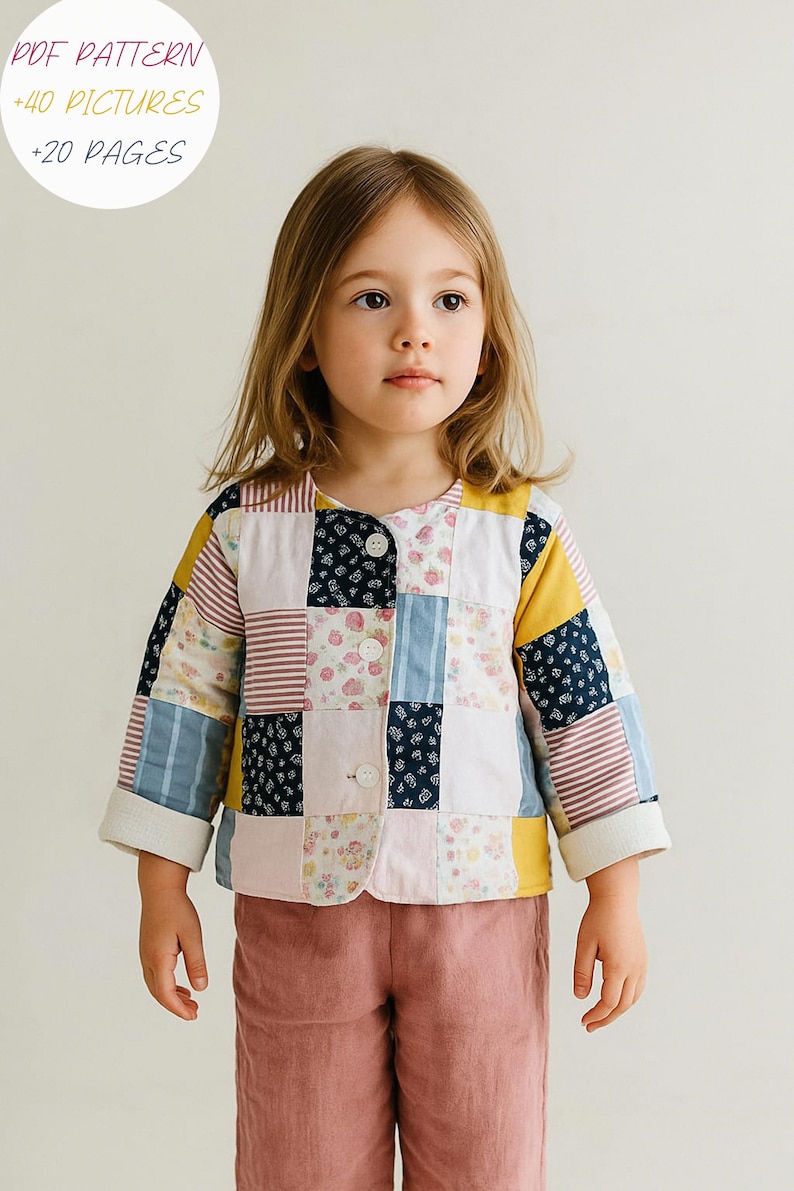 May include: A long-sleeve jacket featuring a patchwork design with various floral, striped, and solid-colored fabric squares in shades of yellow, blue, pink, and white. The jacket has a round neckline, three white buttons, and folded cuffs.