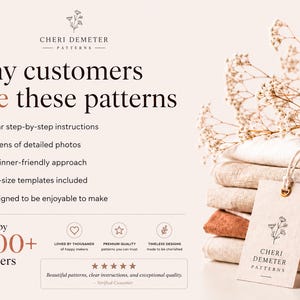 May include: A promotional graphic for Cheri Demeter Patterns featuring a stack of folded neutral-toned fabrics with a branded tag. The text lists benefits like clear instructions, detailed photos, and life-size templates, noting 11,000+ customers.