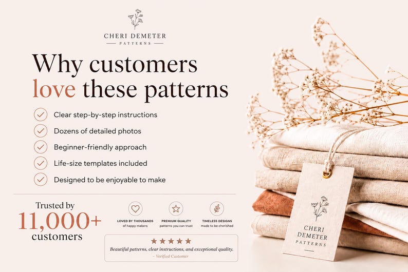 May include: A promotional graphic for Cheri Demeter Patterns featuring a stack of folded neutral-toned fabrics with a branded tag. The text lists benefits like clear instructions, detailed photos, and life-size templates, noting 11,000+ customers.