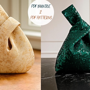 May include: Two knot bags are displayed. One is beige with a floral pattern, the other is emerald green with sequins. The bags are on a wooden surface and a black marble surface. Text on the image reads "PDF BUNDLE 2 PDF PATTERNS."