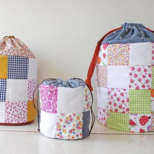 Sacs à cordon en patchwork, manuel numérique PDF, instructions de couture, 3 tailles, sac à linge DIY, trousse de toilette, chambre d'enfant, déco chambre d'enfant, cadeau maman