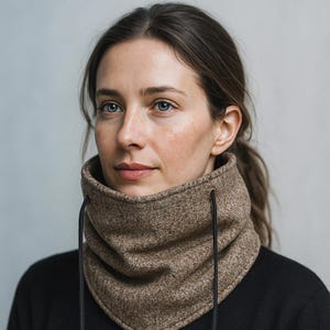 May include: A brown neck warmer with a drawstring. The neck warmer is made of a textured fabric and worn around the neck. The person in the image is wearing a black top.
