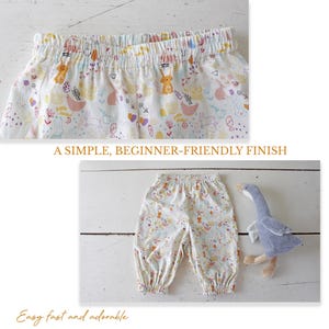 May include: White pants with an elastic waistband and cuffs, featuring a colorful pattern of rabbits, flowers, and eggs. The text A SIMPLE, BEGINNER-FRIENDLY FINISH and Easy fast and adorable appear on the image alongside a plush goose toy.