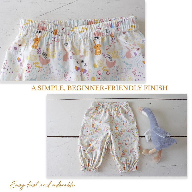 May include: White pants with an elastic waistband and cuffs, featuring a colorful pattern of rabbits, flowers, and eggs. The text A SIMPLE, BEGINNER-FRIENDLY FINISH and Easy fast and adorable appear on the image alongside a plush goose toy.