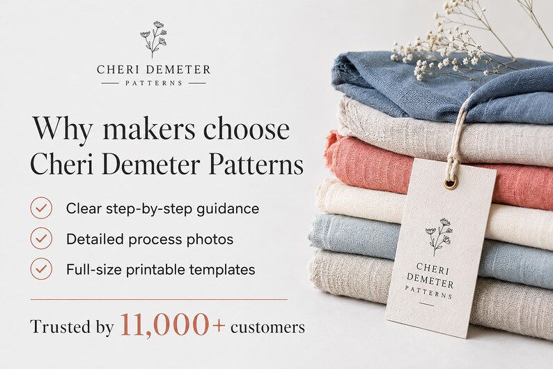 May include: A stack of folded fabric in shades of blue, cream, and coral, with a rectangular paper tag attached by a string. The text reads: Why makers choose Cheri Demeter Patterns, Clear step-by-step guidance, Detailed process photos, Full-size printable templates, and Trusted by 11,000+ customers.