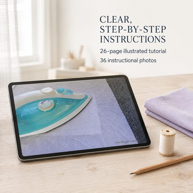 May include: A tablet displaying a 26-page illustrated tutorial with 36 instructional photos, featuring a teal and white iron on fabric. Text reads: CLEAR, STEP-BY-STEP INSTRUCTIONS. A spool of white thread and a wooden pencil lie nearby.