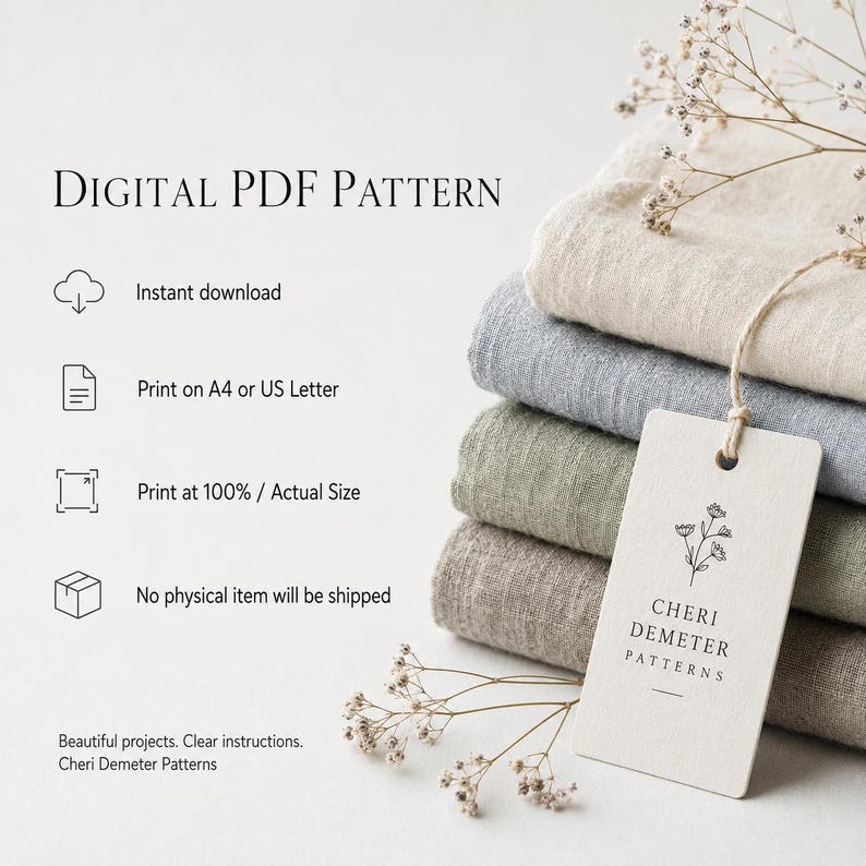 May include: A digital PDF pattern listing featuring a stack of folded fabric in beige, light blue, sage green, and brown. A white rectangular tag with the text CHERI DEMETER PATTERNS and a floral line drawing is attached to the fabric stack.