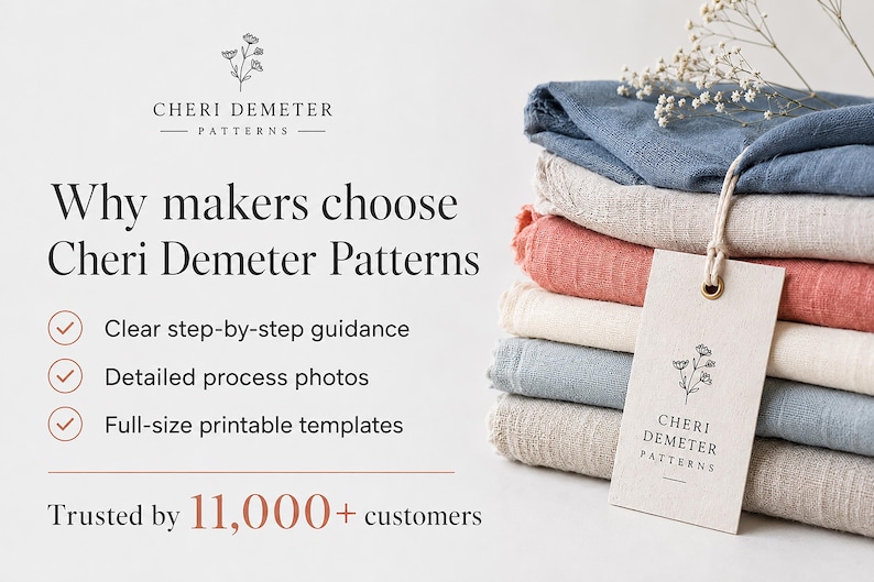 May include: A stack of folded fabric in shades of blue, cream, and coral, with a rectangular paper tag attached by a string. The text reads: Why makers choose Cheri Demeter Patterns, Clear step-by-step guidance, Detailed process photos, Full-size printable templates, and Trusted by 11,000+ customers.
