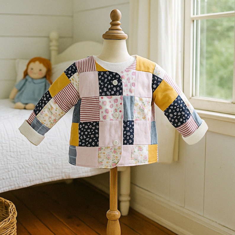 May include: A long-sleeved jacket constructed from a patchwork of various fabrics, including mustard yellow, light pink, and navy blue floral patterns. The jacket features a round neckline, three white buttons down the front, and white cuffs.