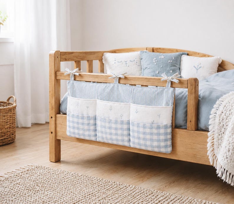 May include: A fabric crib organizer featuring three pockets attached to a wooden bed frame with fabric ties. The organizer has a blue and white striped top section and a blue and white gingham check pattern on the lower pocket section.