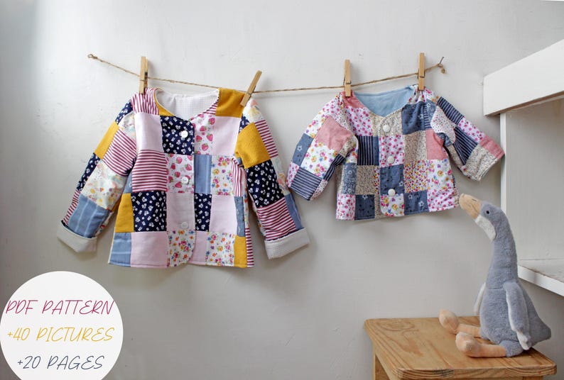 May include: Two long-sleeved jackets made of patchwork fabric with various floral, striped, and solid-colored squares in pink, yellow, blue, and white. Each jacket features a round neckline, three white buttons, and cuffs. Text reads: PDF PATTERN +40 PICTURES +20 PAGES.
