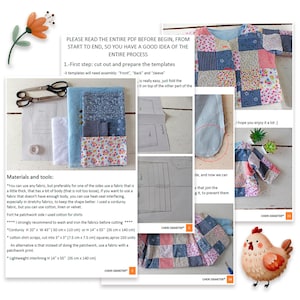 May include: A digital PDF sewing pattern guide for a patchwork jacket, featuring instructional text, diagrams, fabric swatches, scissors, and photos of the finished garment. The document includes material lists with measurements in inches and centimeters.