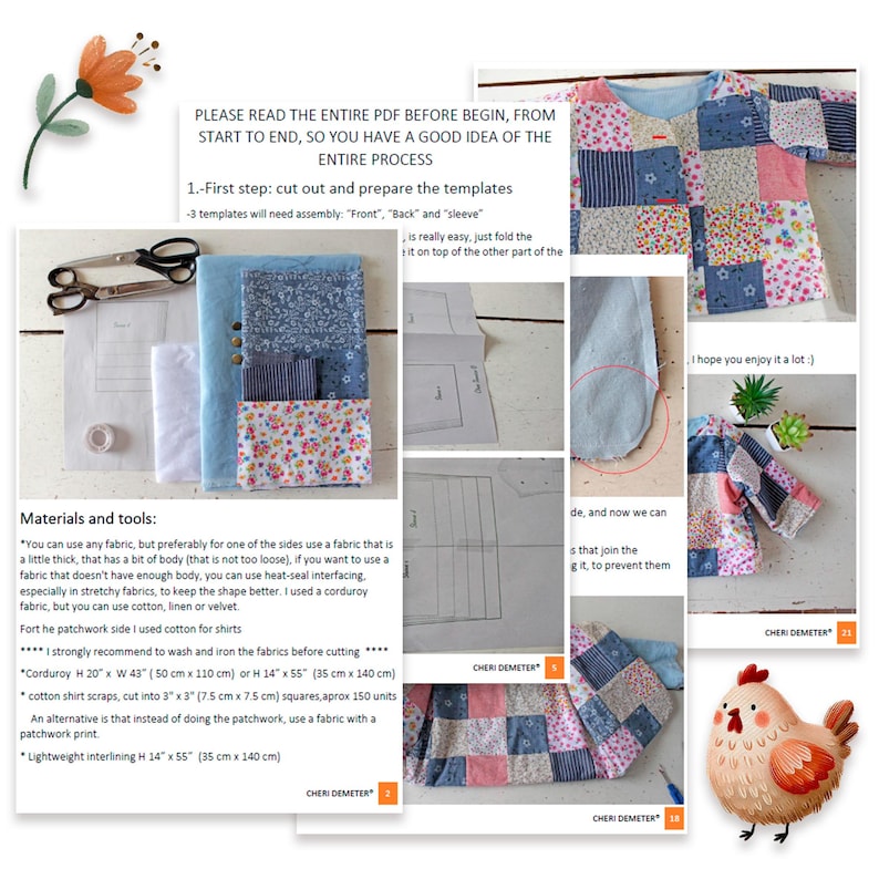 May include: A digital PDF sewing pattern guide for a patchwork jacket, featuring instructional text, diagrams, fabric swatches, scissors, and photos of the finished garment. The document includes material lists with measurements in inches and centimeters.