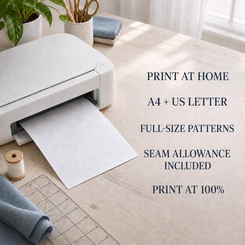 May include: A white printer with a sheet of paper emerging from the slot. Text on the right reads: PRINT AT HOME, A4 + US LETTER, FULL-SIZE PATTERNS, SEAM ALLOWANCE INCLUDED, PRINT AT 100%. A wooden spool of thread and a clear plastic ruler are visible.