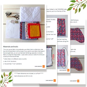 Pode incluir: Um padr&atilde;o de costura para um chinelo com instru&ccedil;&otilde;es e lista de materiais. O padr&atilde;o inclui uma estrela e uma pe&ccedil;a para o dedo do p&eacute; e o calcanhar. O tecido &eacute; uma mistura de estampa floral vermelha, branca e azul, amarelo e vichy vermelho.