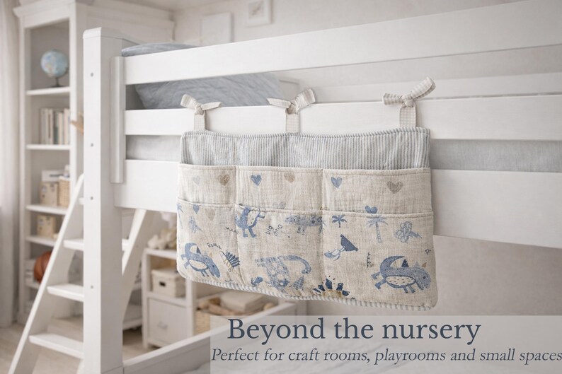 May include: A hanging bedside storage organizer featuring three pockets with a light beige fabric base, blue dinosaur illustrations, and small heart motifs. The top section has a blue and white pinstripe pattern and three fabric ties for attachment.