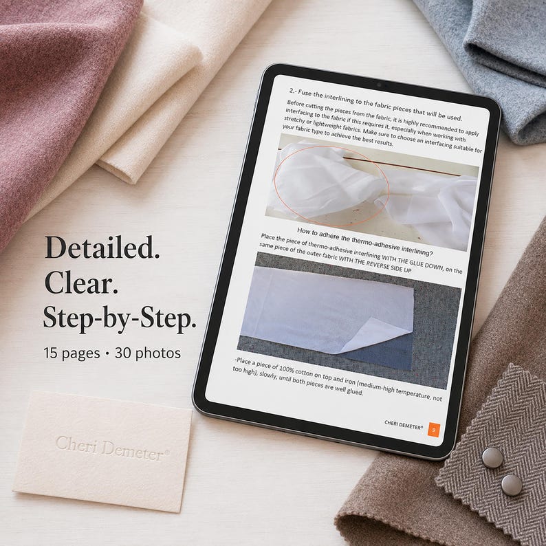 May include: A digital tablet displays a sewing tutorial with text and two instructional photos. The screen shows steps for fusing interlining to fabric. Beside the tablet are folded pieces of pink, cream, and gray fabric, two buttons, and a small card.