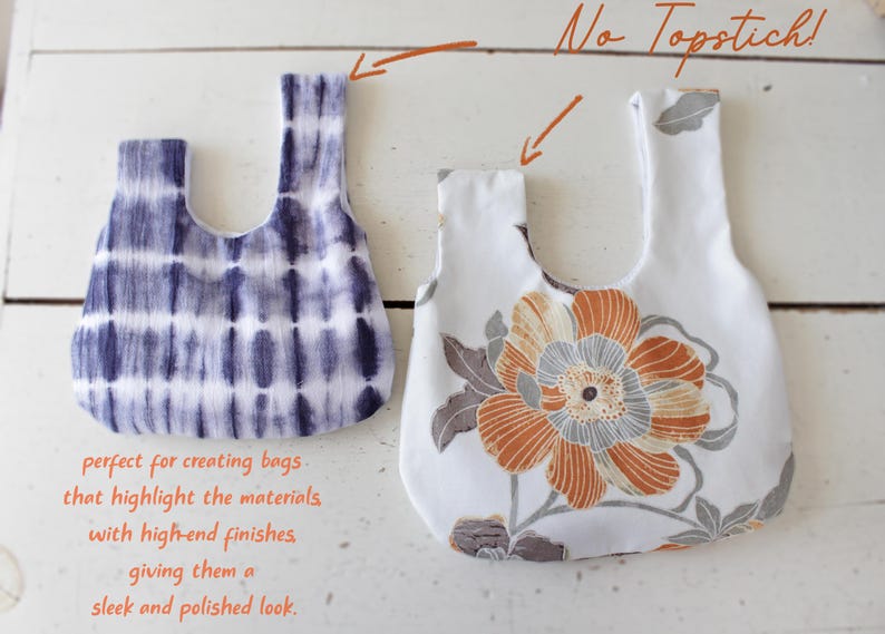 May include: Two fabric bags with a Japanese knot handle design. The left bag features a dark blue and white tie-dye pattern. The right bag has a white base with a large orange and grey floral print. Text on the image reads No Topstitch!