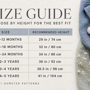 May include: A size guide chart titled SIZE GUIDE CHOOSE BY HEIGHT FOR THE BEST FIT, listing sizes from 9-12 months to 4-5 years with corresponding heights in inches from 29 in to 41 in. The text CHERI DEMETER PATTERNS appears at the bottom.