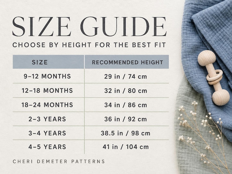 May include: A size guide chart titled SIZE GUIDE CHOOSE BY HEIGHT FOR THE BEST FIT, listing sizes from 9-12 months to 4-5 years with corresponding heights in inches from 29 in to 41 in. The text CHERI DEMETER PATTERNS appears at the bottom.