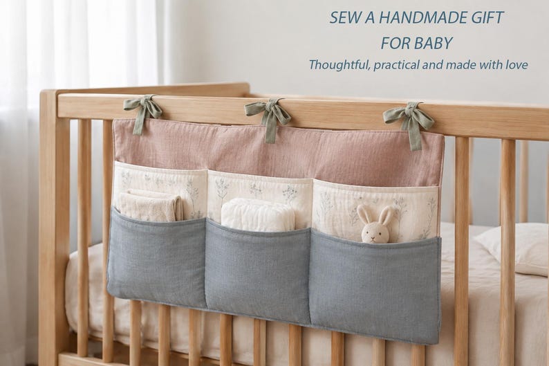May include: A fabric crib organizer with three blue pockets and a dusty pink top section, tied to a wooden crib with green ribbons. The organizer features a floral print on the middle section and text reading SEW A HANDMADE GIFT FOR BABY.