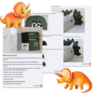 May include: A sewing pattern for a plush triceratops dinosaur toy. The pattern includes instructions for making the head, horns, frill, and body. The pattern is printed on paper and includes a color illustration of the finished toy.