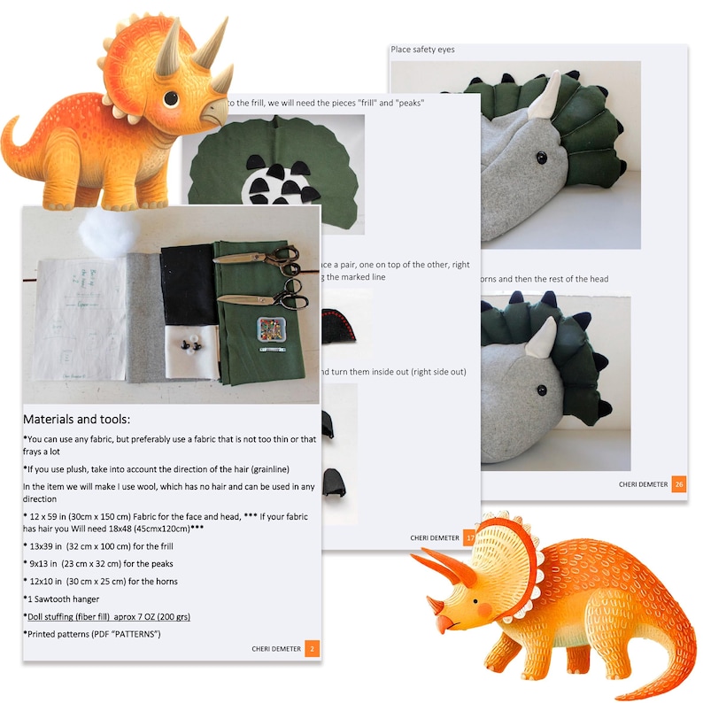 May include: A sewing pattern for a plush triceratops dinosaur toy. The pattern includes instructions for making the head, horns, frill, and body. The pattern is printed on paper and includes a color illustration of the finished toy.
