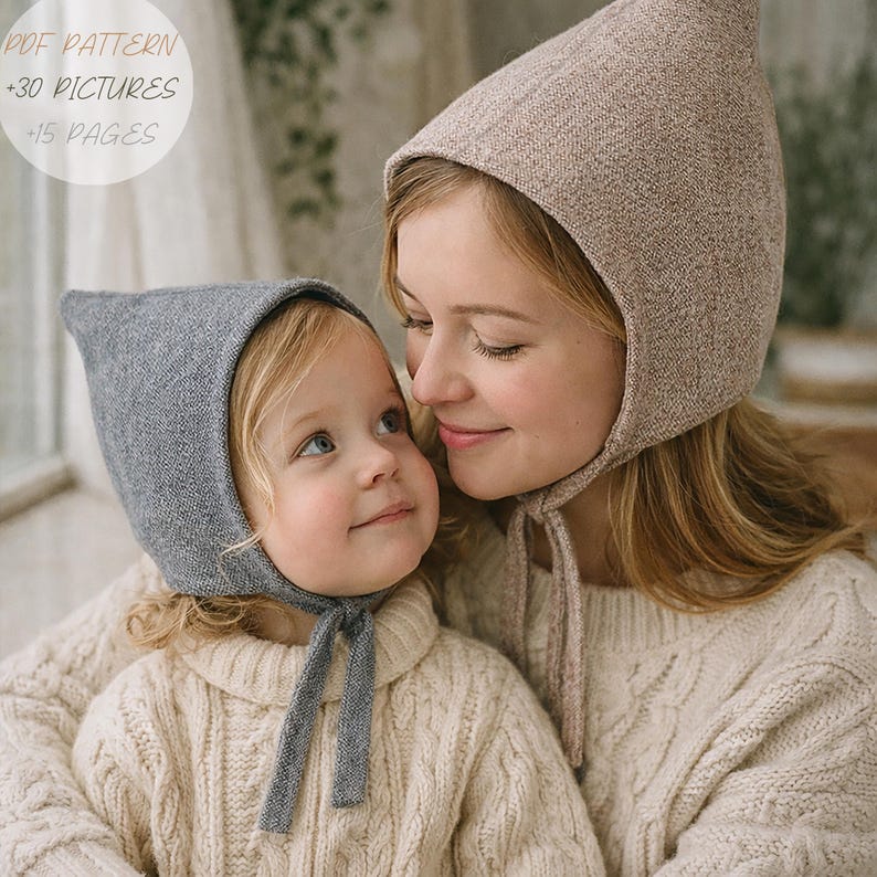 May include: A grey knit bonnet with ties and a beige knit bonnet with ties. The image includes text stating PDF PATTERN +30 PICTURES +15 PAGES. The bonnets feature a pointed top design and a textured knit fabric construction.