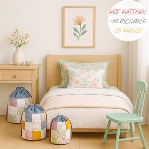 Patchwork Drawstring Bag Sewing Pattern: 3 Sizes (PDF Digital Manual) image 2