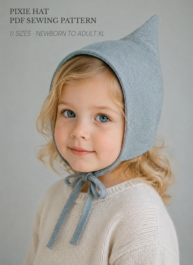 May include: A light blue pixie hat with a pointed top and chin ties. The text reads: PIXIE HAT PDF SEWING PATTERN 11 SIZES NEWBORN TO ADULT XL. The hat features a textured fabric construction that covers the head and secures with a bow under the chin.