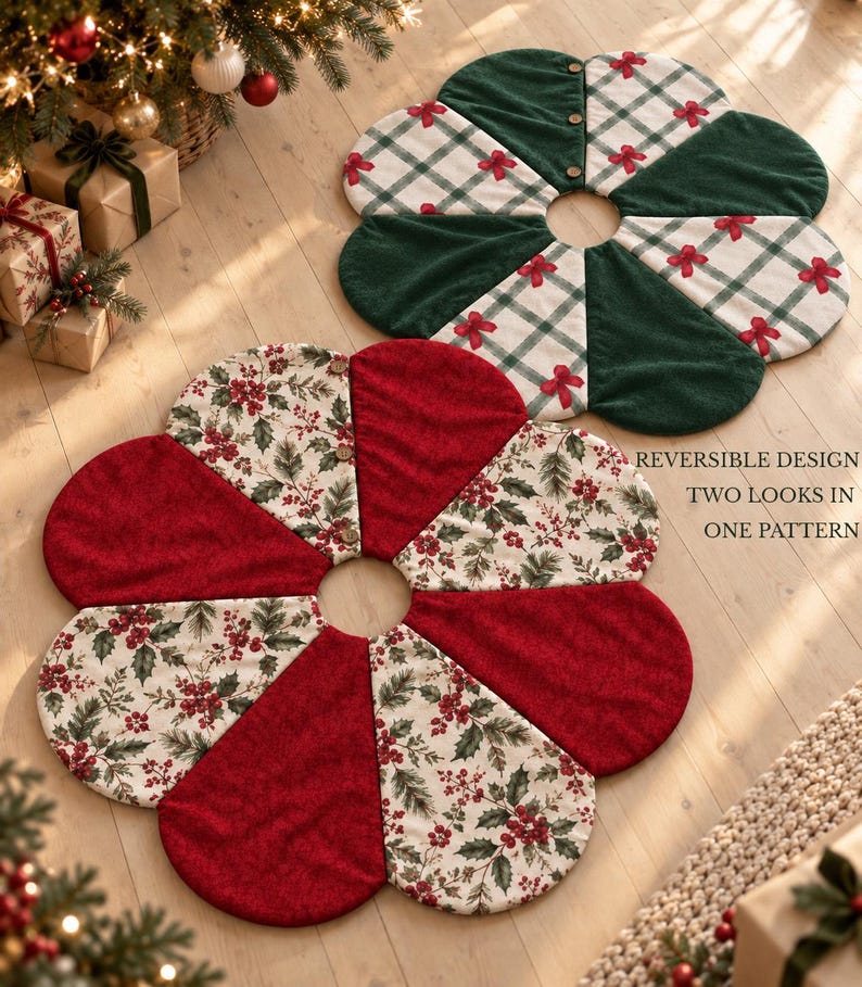 K&ouml;nnte beinhalten: Zwei kreisf&ouml;rmige, blumenf&ouml;rmige Weihnachtsbaumdecken mit einem Mittelloch. Eine zeigt abwechselnd dunkelgr&uuml;ne und wei&szlig; karierte Felder mit roten Schleifen. Die andere zeigt abwechselnd einfarbig rote und Stechpalmen-Muster.