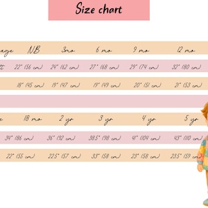 May include: A size chart for children's clothing with a pink header labeled Size chart. The table lists approximate age, height in inches and centimeters, and chest measurements in inches and centimeters for ages newborn to five years, with a cartoon child.