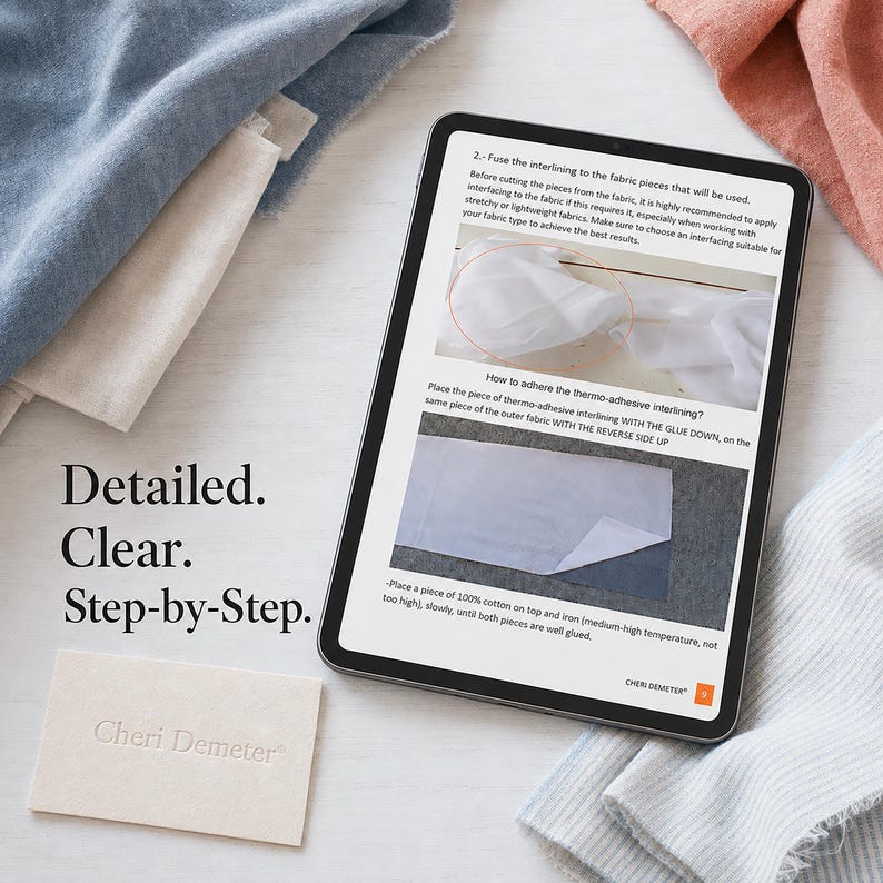 May include: A tablet displaying a digital sewing tutorial with text and two instructional photos, surrounded by blue, white, and coral fabric swatches. A small rectangular card with the embossed text Cheri Demeter sits in the lower left corner.